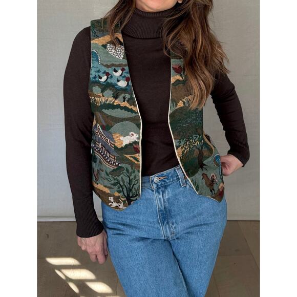 Vintage Countryside Scenic Tapestry Vest – Green Multi, Cottagecore - Picture 3 of 10